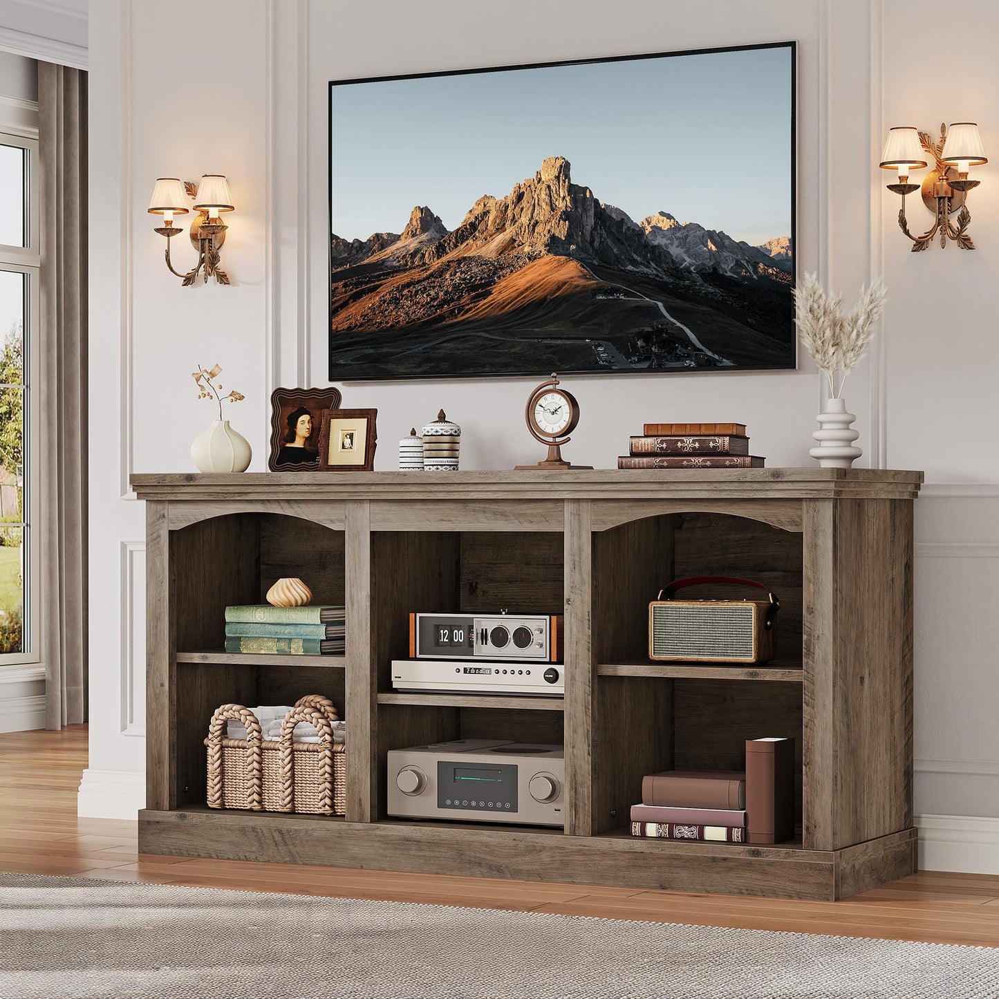 YITAHOME Farmhouse TV Stand for 65 Inch TV, Entertainment Center with Adjustable Shelf, Large TV Console Table for Living Room (Walnut)