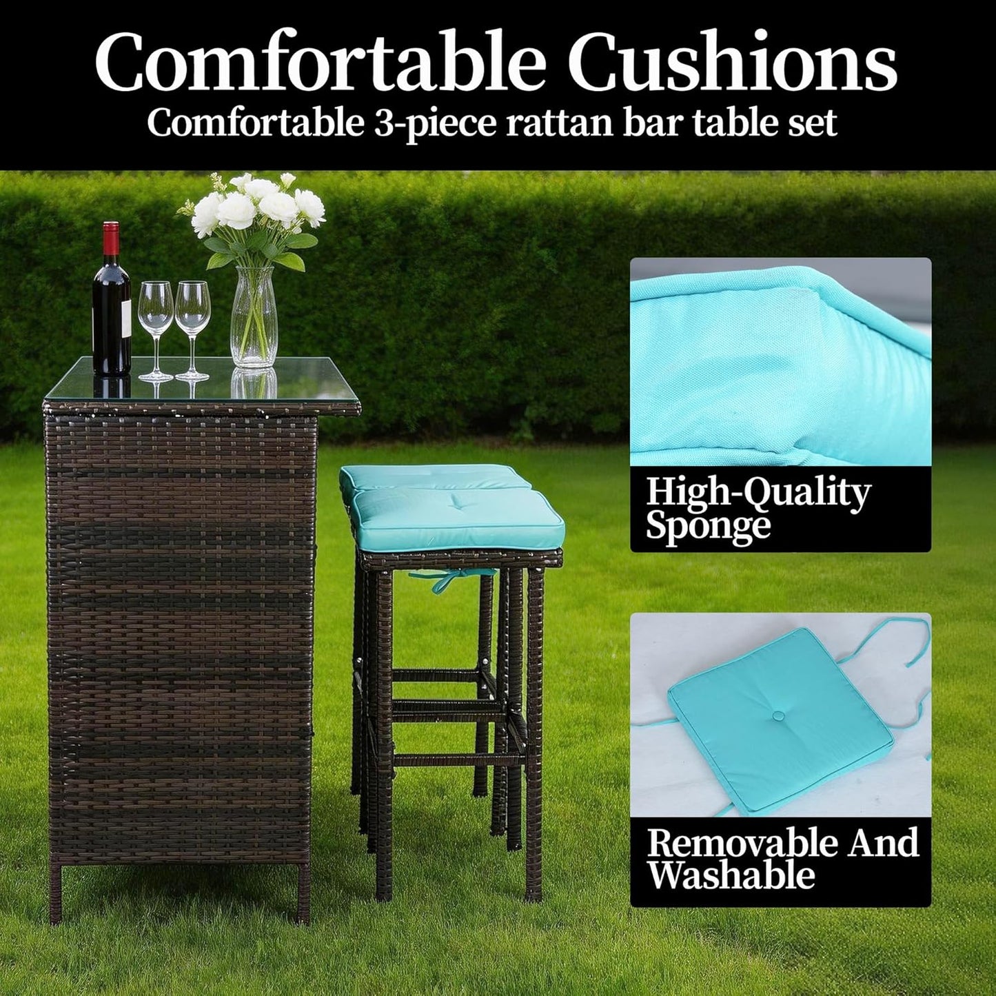 3 Piece Patio Bar Set,Patio Wicker Bar Furniture with 2 Storage Shelves, Glass Top Table, Cushions and Two Stools,Outside Bars for Patio Entertainment, Blue