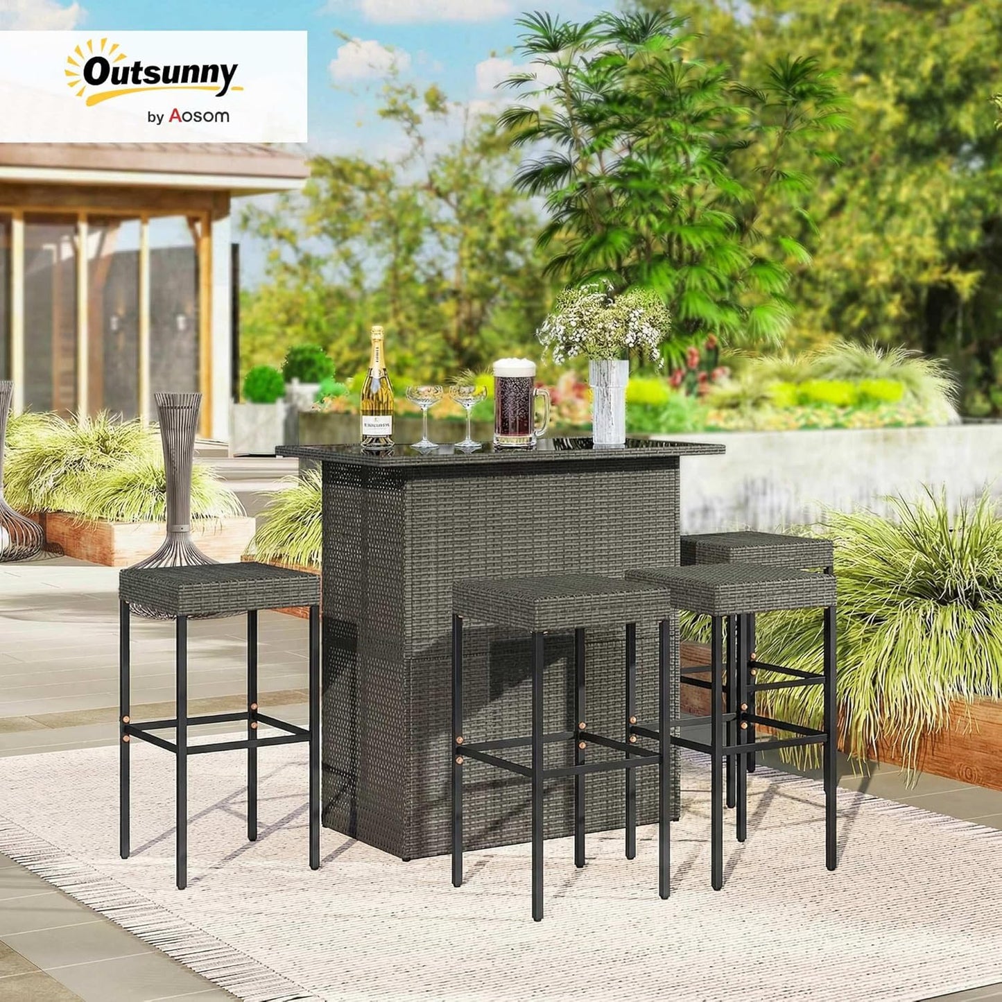 Outsunny 5 Piece Wicker Outdoor Bar Set, High Top Outdoor Table and Chairs, Height Patio Set with Glass Table Top 2 Tier Storage Shelf and 4 Bar Stools for Garden, Poolside, Dark Gray