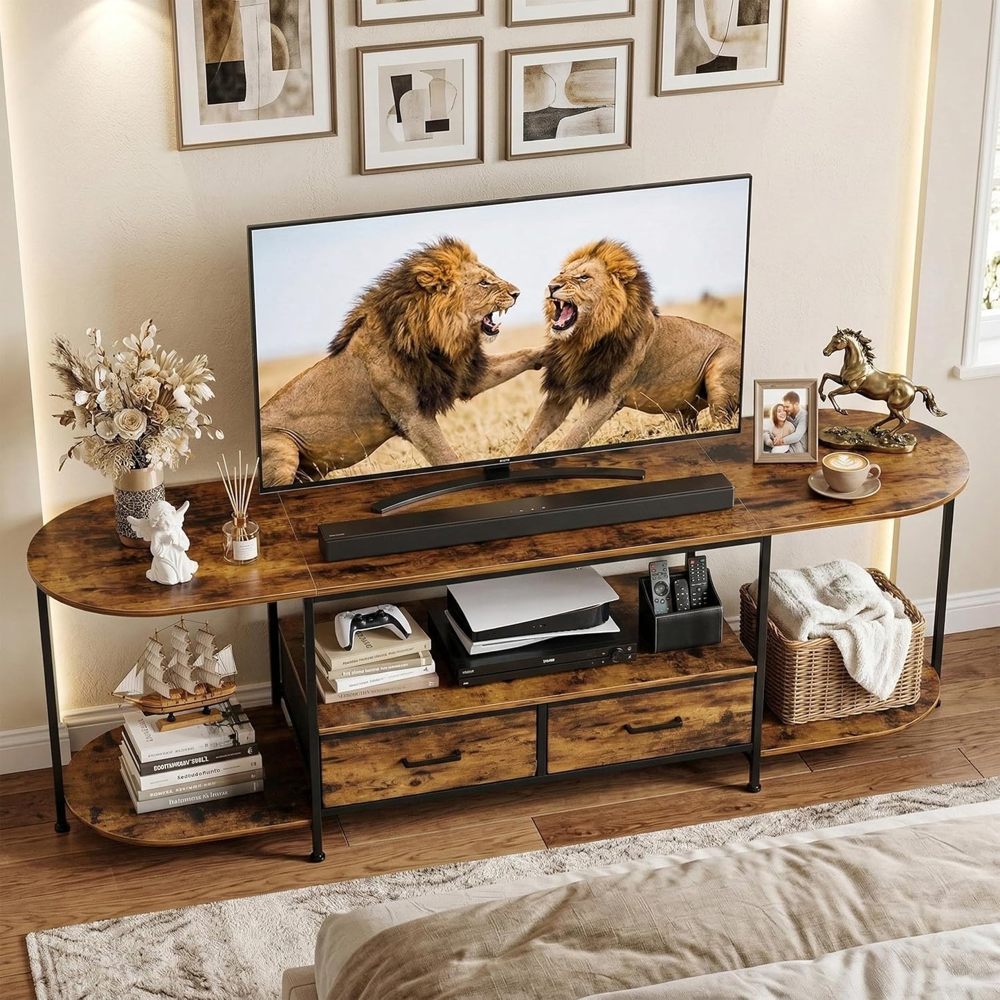 Faesun 63 Inch TV Stand for TVs Up to 70 Inch, Rustic Brown Entertainment Center with 2 Fabric Drawers, Modern TV Console Table with Curved Edge, Wood Media Stand for Living Room Bedroom