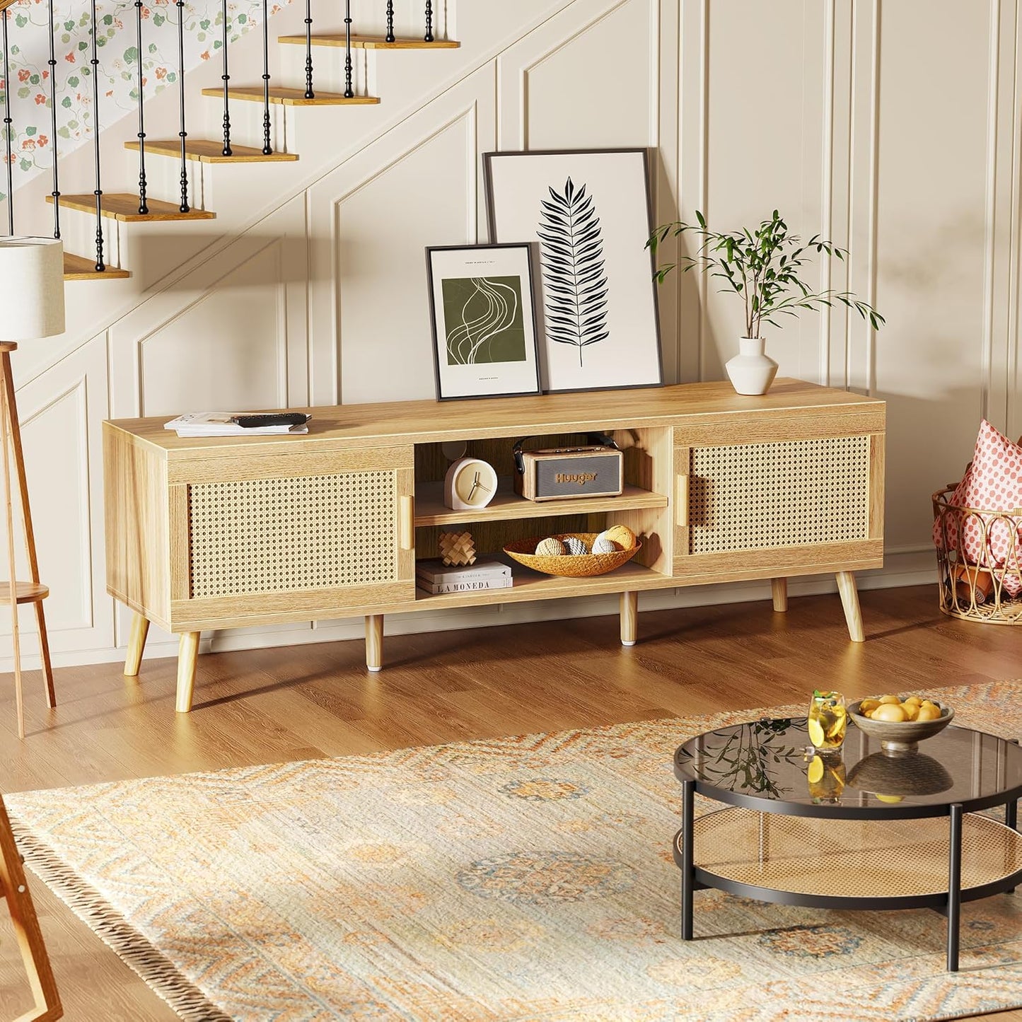 SUPERJARE Boho TV Stand for 65 Inch TV, Entertainment Center with Adjustable Shelf, Rattan TV Console with 2 Cabinets, Media Console, Solid Wood Feet, 4 Cord Holes, for Living Room - Natural