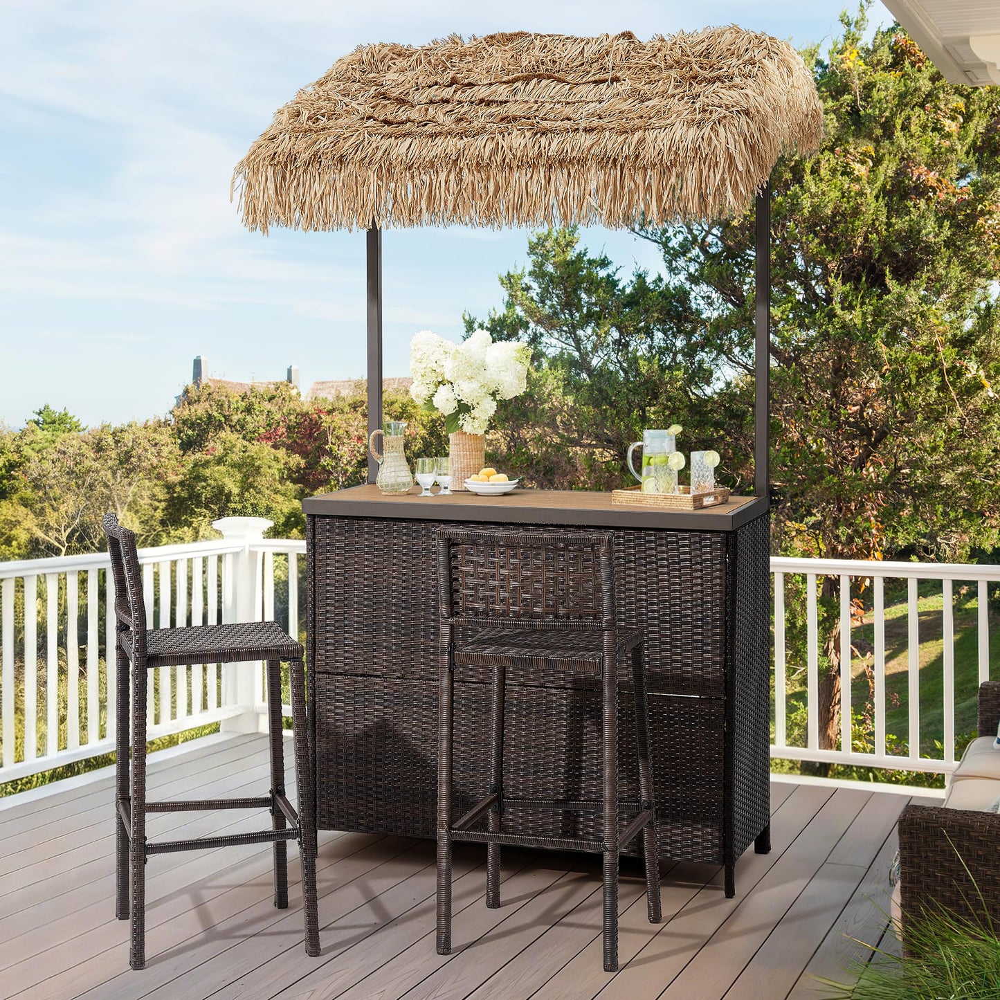 Outdoor Tiki Bar Set, 3 Pieces All-Weather Wicker Patio Bar Set with 2 Height Stools and Storage, Outdoor Bar Set for Outside Patio, Garden, Backyard,Yellow