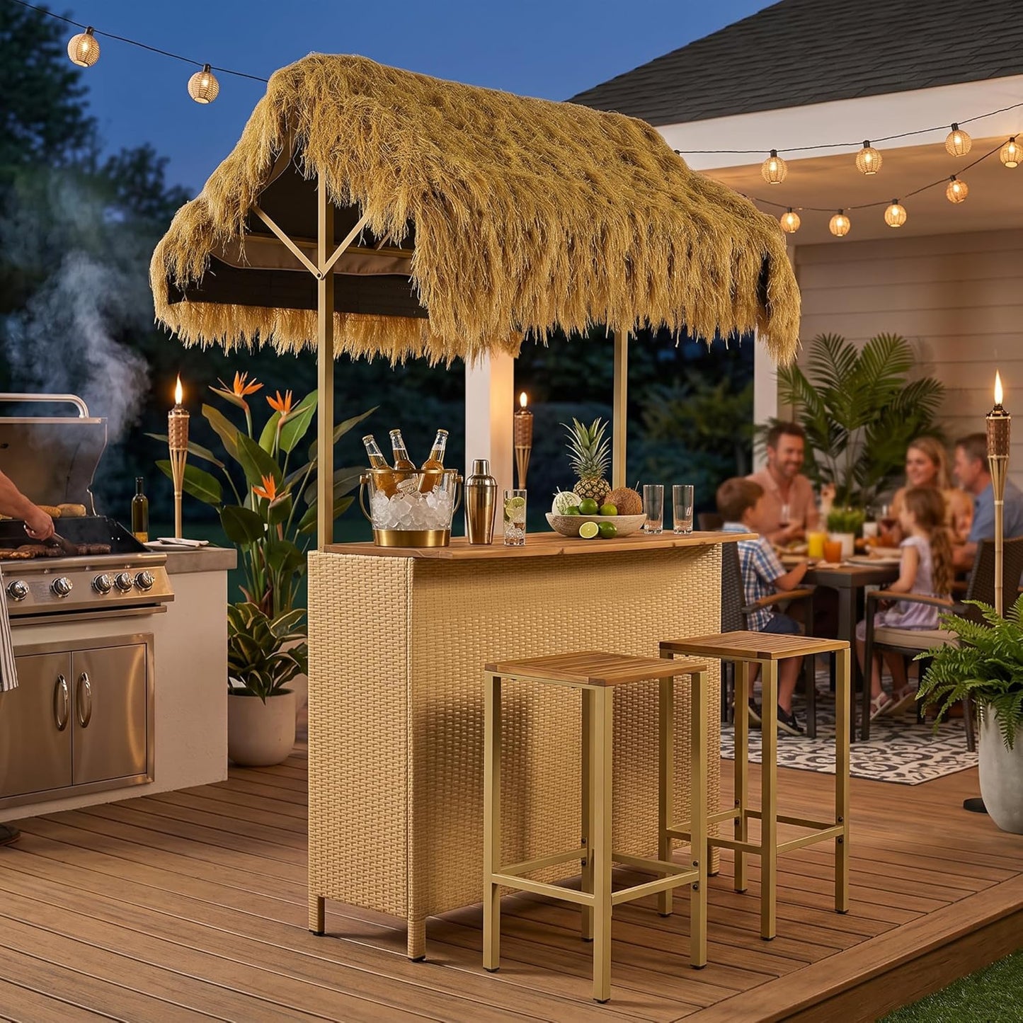 3-Piece Acacia Wood Tiki Bar Set with Thatched Canopy & 2 Stools for Outdoor Patio Poolside