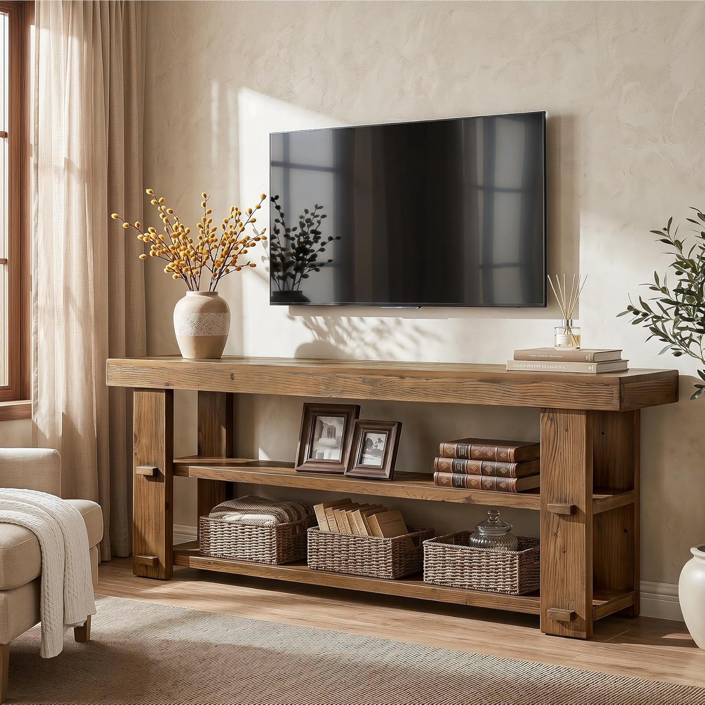 Solid Wood TV Stand for TVs Up to 70 inches, Farmhouse Entertainment Center with 2-Tier Shelves, 55'' Media Console Television Stands for Living Room, Bedroom, Rustic Brown
