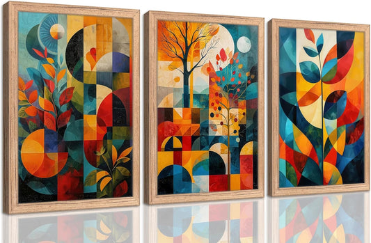 3 Pieces Geometric Abstract Canvas Wall Art Colorful Floral Painting Picture Wall Decor Mid Century Modern Poster Print Artwork for Living Room Bedroom Office Home Decoration