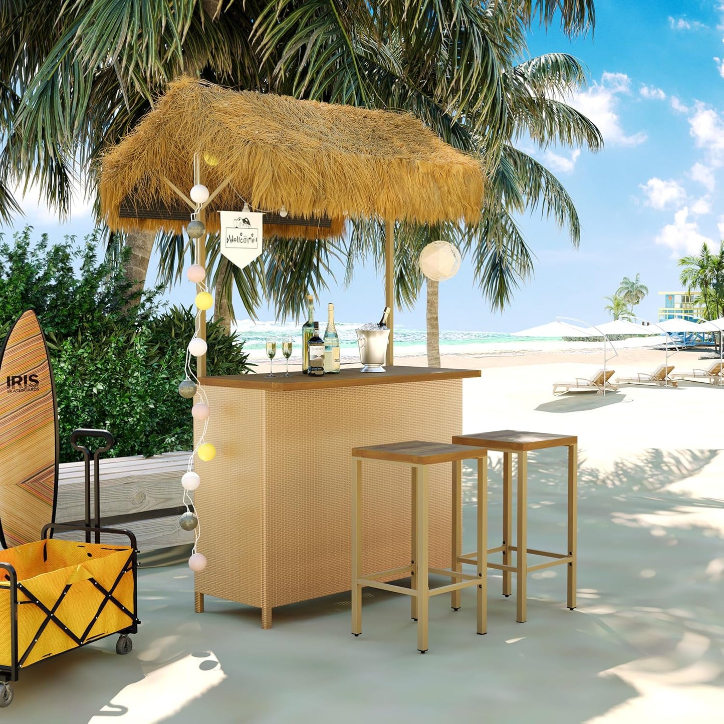3-Piece Acacia Wood Tiki Bar Set with Thatched Canopy & 2 Stools for Outdoor Patio Poolside