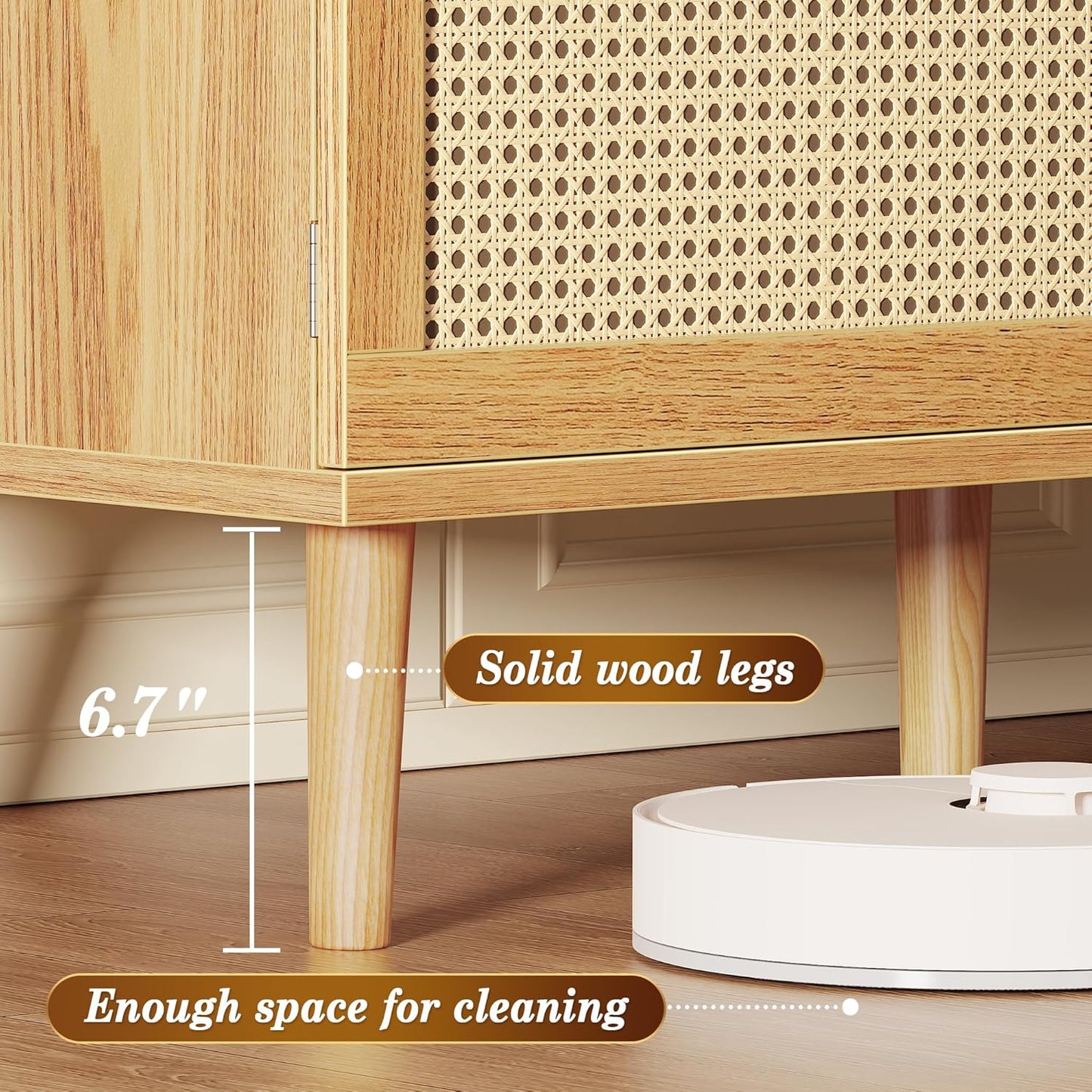 SUPERJARE Boho TV Stand for 65 Inch TV, Entertainment Center with Adjustable Shelf, Rattan TV Console with 2 Cabinets, Media Console, Solid Wood Feet, 4 Cord Holes, for Living Room - Natural