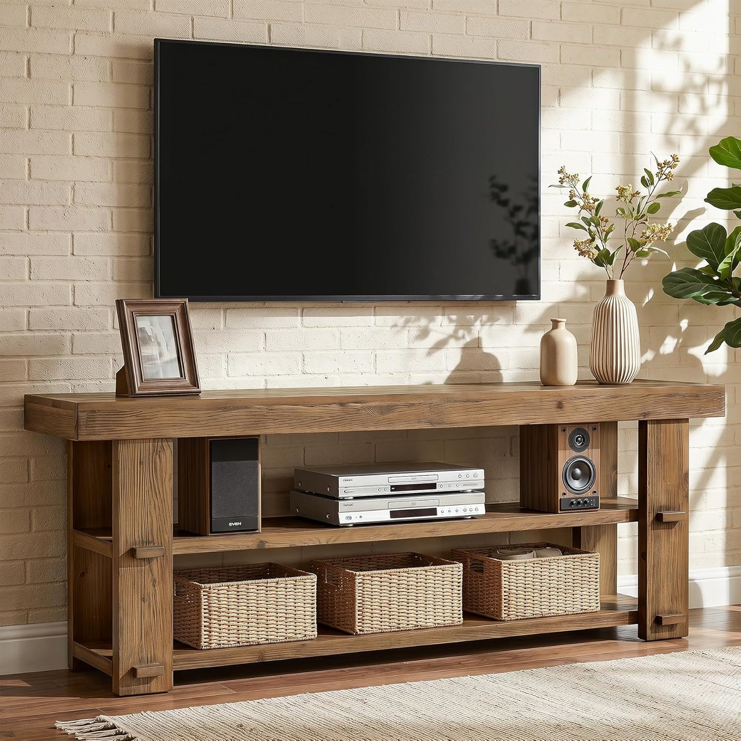 Solid Wood TV Stand for TVs Up to 70 inches, Farmhouse Entertainment Center with 2-Tier Shelves, 55'' Media Console Television Stands for Living Room, Bedroom, Rustic Brown