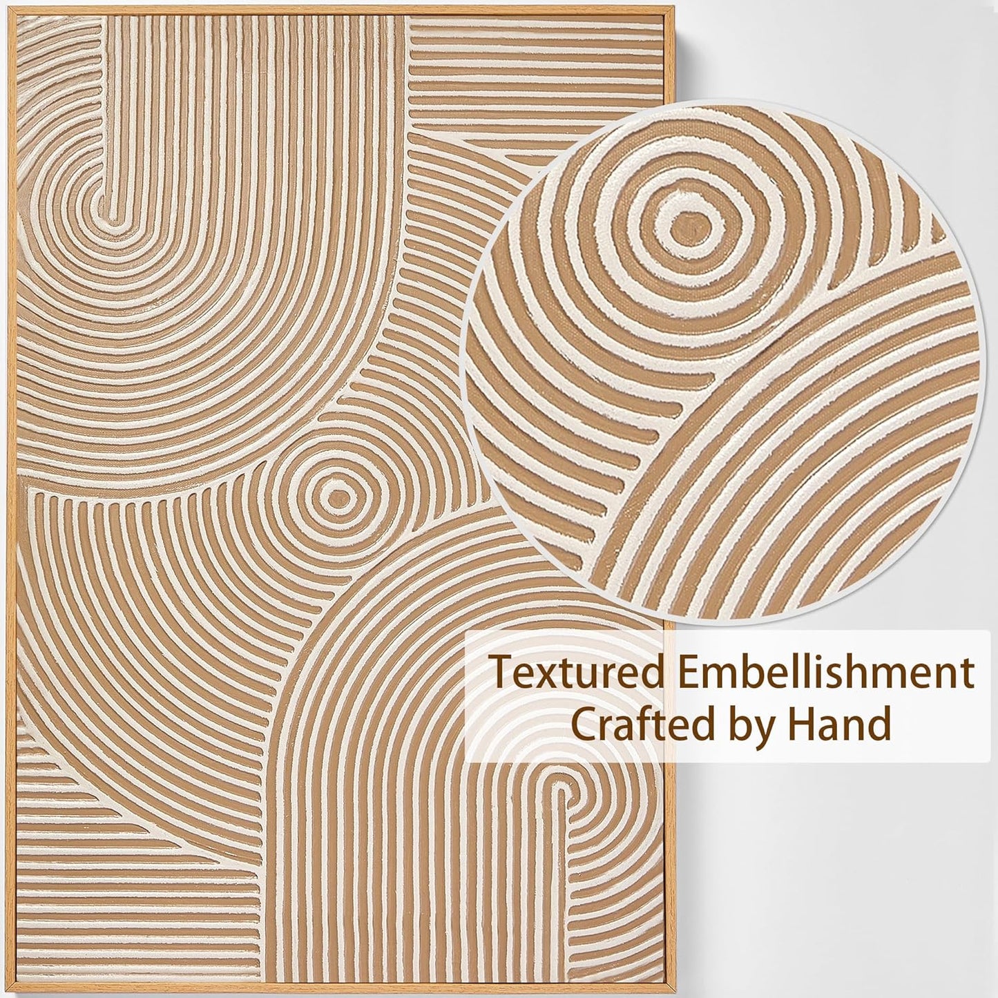 Zessonic Neutral Minimalist Textured 3D Wall Art Abstract Hand-Painted Framed Wall Decor Geometric Artwork Canvas Paintings- Living Room Bedroom Office - Modern Boho Neutral Line 16"x24" 3 piece