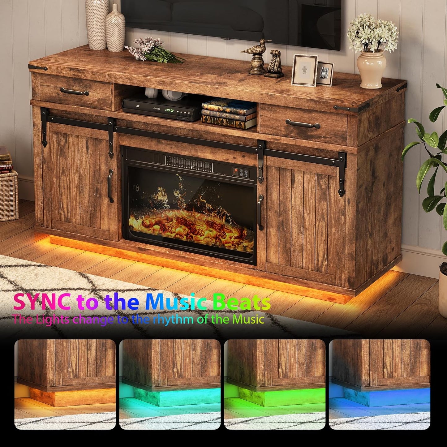 Jocoevol 58" Farmhouse Electric Fireplace TV Stand for TVs up to 65", Entertainment Center with 2 Large Storage Drawers, Sliding Barn Doors, Adjustable Shelves, TV Console for Living Room - Brown