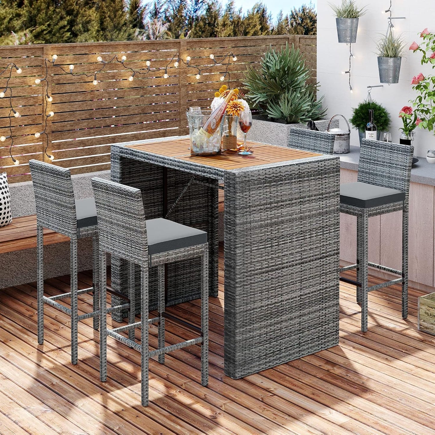 Merax 5 Pieces Outdoor Patio Wicker Bar Set, 4 Bar Height Chairs with Nonslip Feet and Gray Removable Cushion, Dining Table with Brown Acacia Wood Top and Gray Wicker