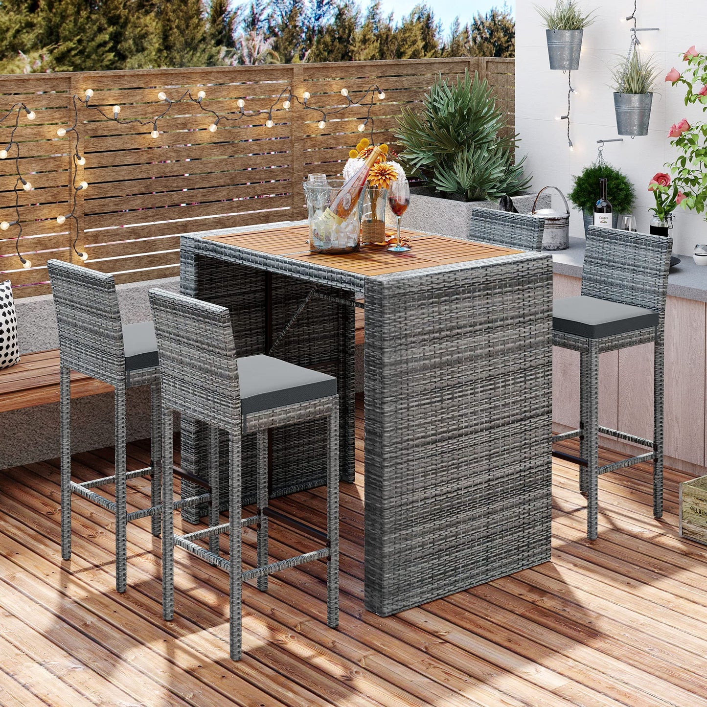 5-Pieces Outdoor Patio Wicker Bar Set, Outside Bar with 4 Chairs Set for Backyard High Top Patio Table and Chairs with Removable Cushion, Acacia Wood Table Top, Non-Slip Feet And Fixed Rope, Grey