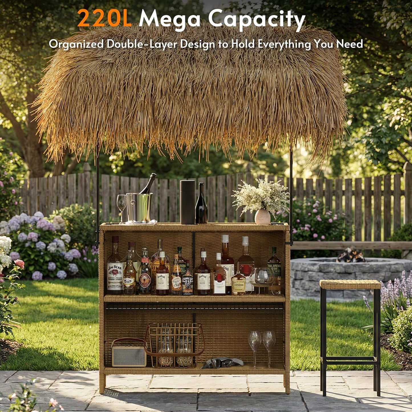 Outdoor Tiki Bar Set with Widen Hula Thatched Shade(48" L), 3-Piece Wicker Outside Tiki Bars with 2 Stools, Hawaiian Style Beach Outside Bars for Patio, Garden, Poolside, Backyard