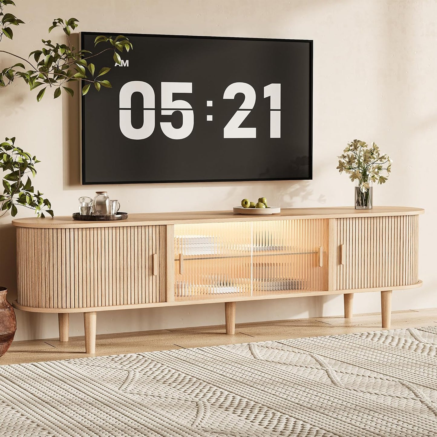 70" Natural Oak Fluted LED TV Stand Fits up to 75" TV with Sliding Doors & Glass Shelf