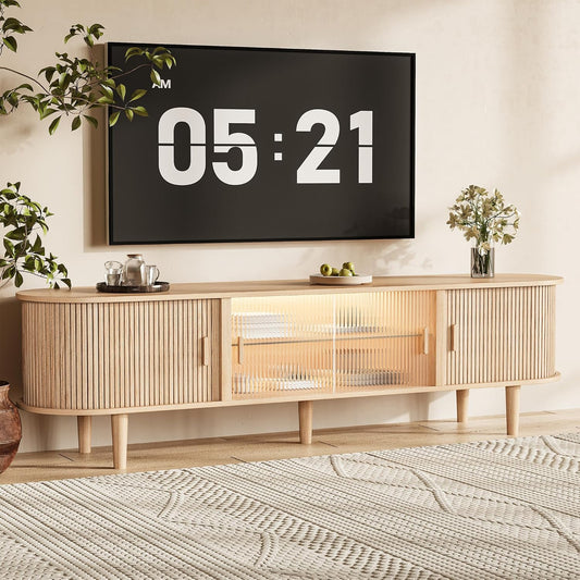 70" Natural Oak Fluted LED TV Stand Fits up to 75" TV with Sliding Doors & Glass Shelf