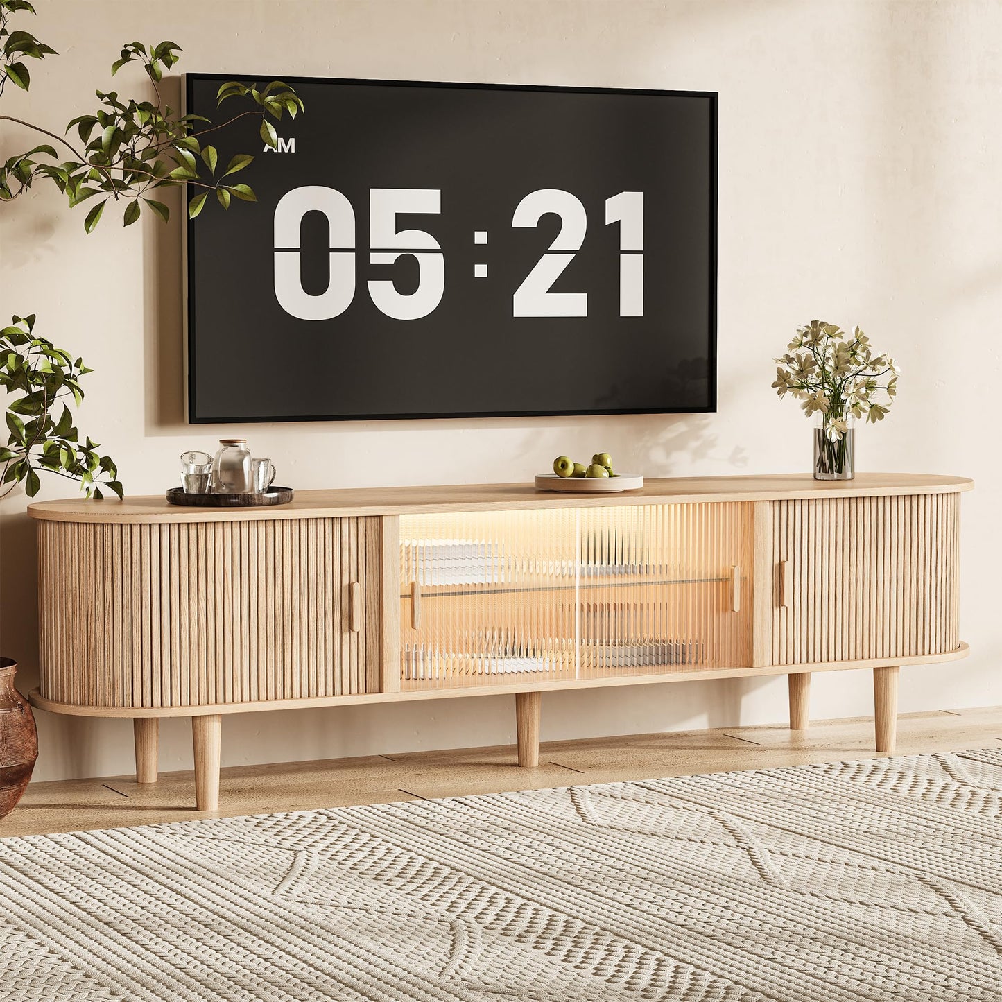70" Natural Oak Fluted LED TV Stand Fits up to 75" TV with Sliding Doors & Glass Shelf