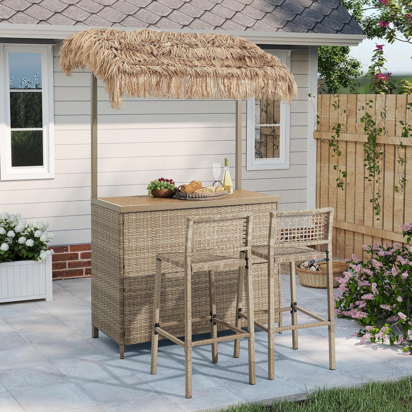 Outdoor Tiki Bar Set, 3 Pieces All-Weather Wicker Patio Bar Set with 2 Height Stools and Storage, Outdoor Bar Set for Outside Patio, Garden, Backyard,Yellow