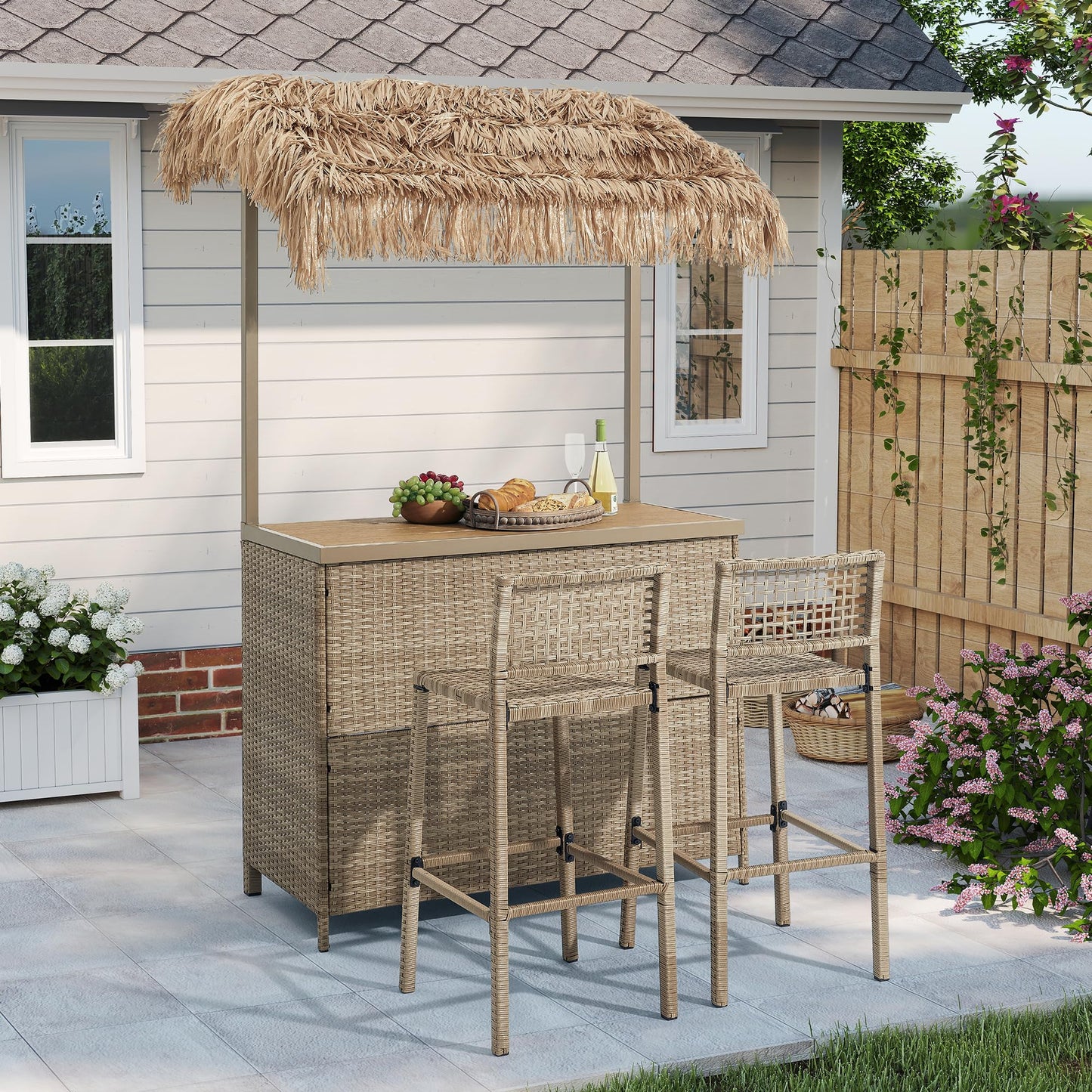 Outdoor Tiki Bar Set, 3 Pieces All-Weather Wicker Patio Bar Set with 2 Height Stools and Storage, Outdoor Bar Set for Outside Patio, Garden, Backyard,Yellow