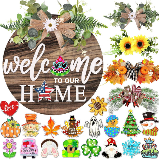 Interchangeable Welcome Sign for Front Door with 4 Seasonal Wreaths 21 Changeable Icons, Farmhouse Rustic Outdoor Welcome Signs Porch, Spring Winter Fall Decorations for Home House Warming Gifts